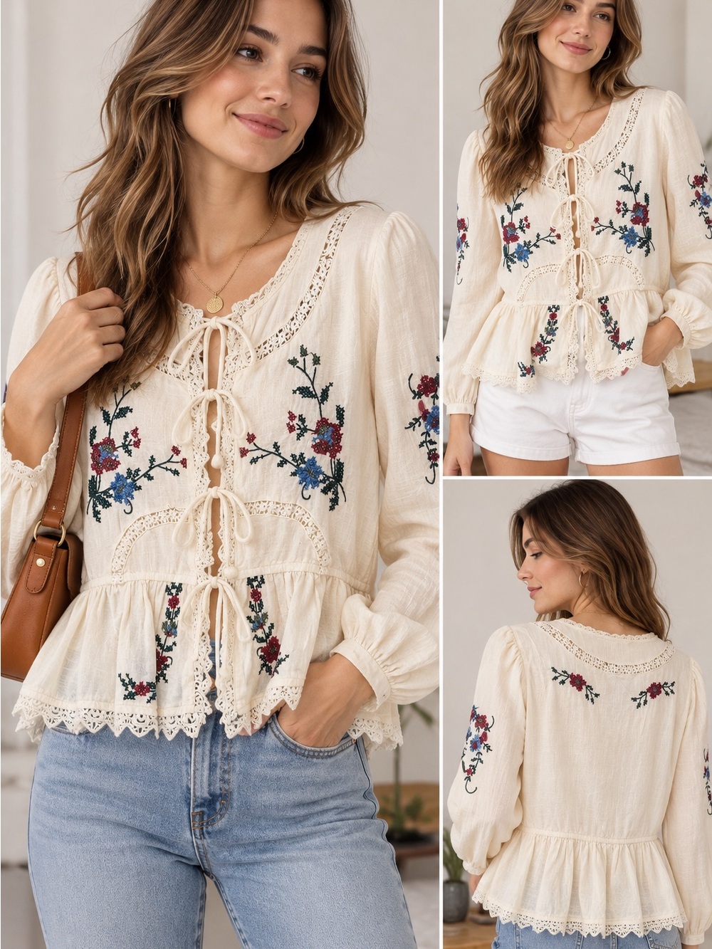 NWT Jennifer & Grace Embroidered Boho Cotton Tie Front Blouse S